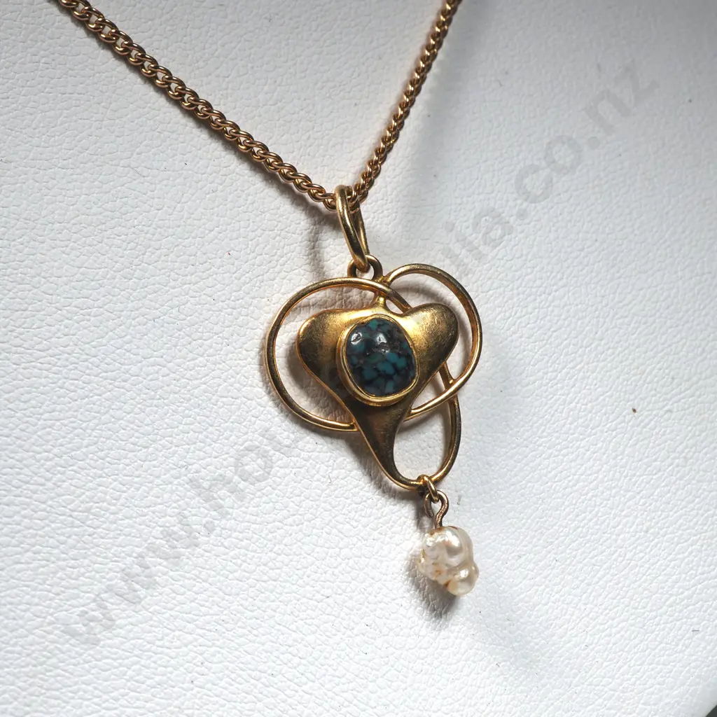 Exquisite Arts & Crafts Stylised Heart w Turquoise Insert & Pearl Drop Murrle Bennett 15ct Gold Pendant / Necklace Image 1++