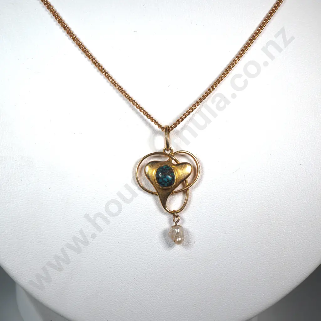 Exquisite Arts & Crafts Stylised Heart w Turquoise Insert & Pearl Drop Murrle Bennett 15ct Gold Pendant / Necklace Image 1++