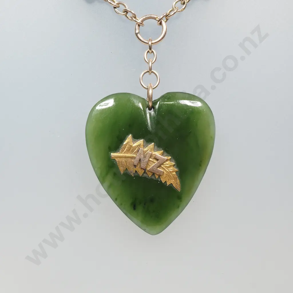 Colonial 9ct Gold Greenstone Fob Chain Necklace w Four Greenstone Bars & NZ Fern Greenstone Heart Image 1++