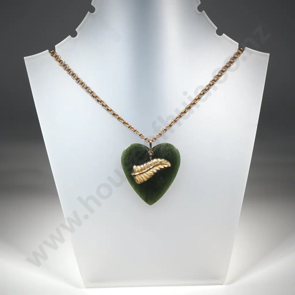 Colonial Greenstone Heart Pendant w Applied Fern on Antique Rolled Gold Chain Image 1++