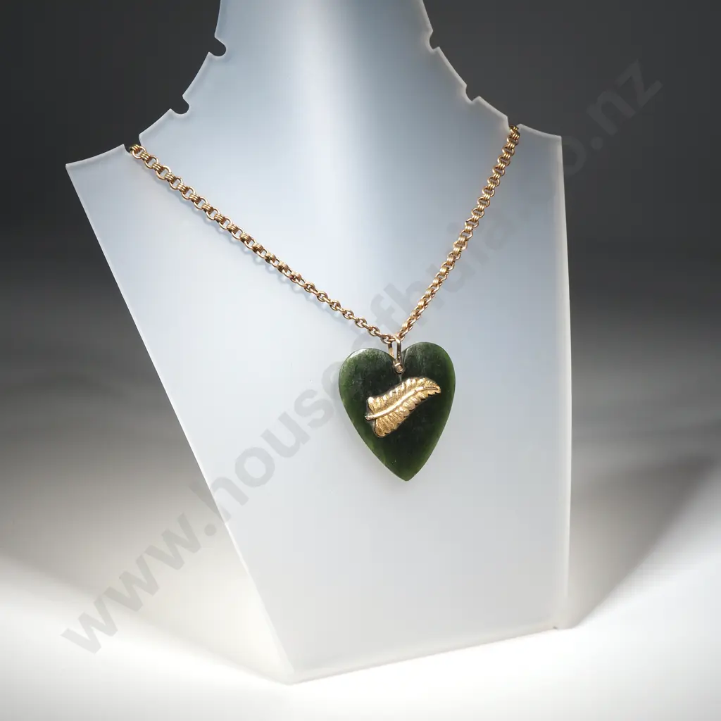 Colonial Greenstone Heart Pendant w Applied Fern on Antique Rolled Gold Chain Image 1++