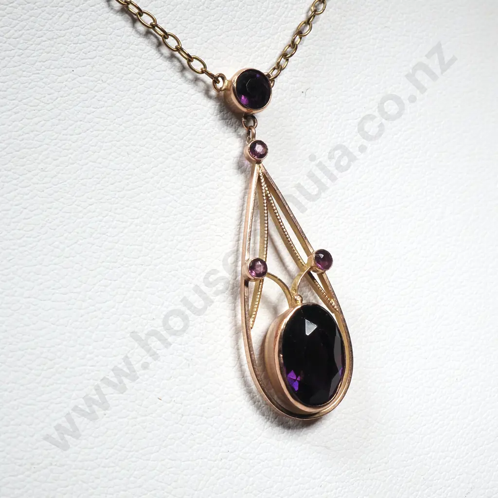 Antique Art Nouveau 9ct Gold Amethyst Set Necklace Image 1++