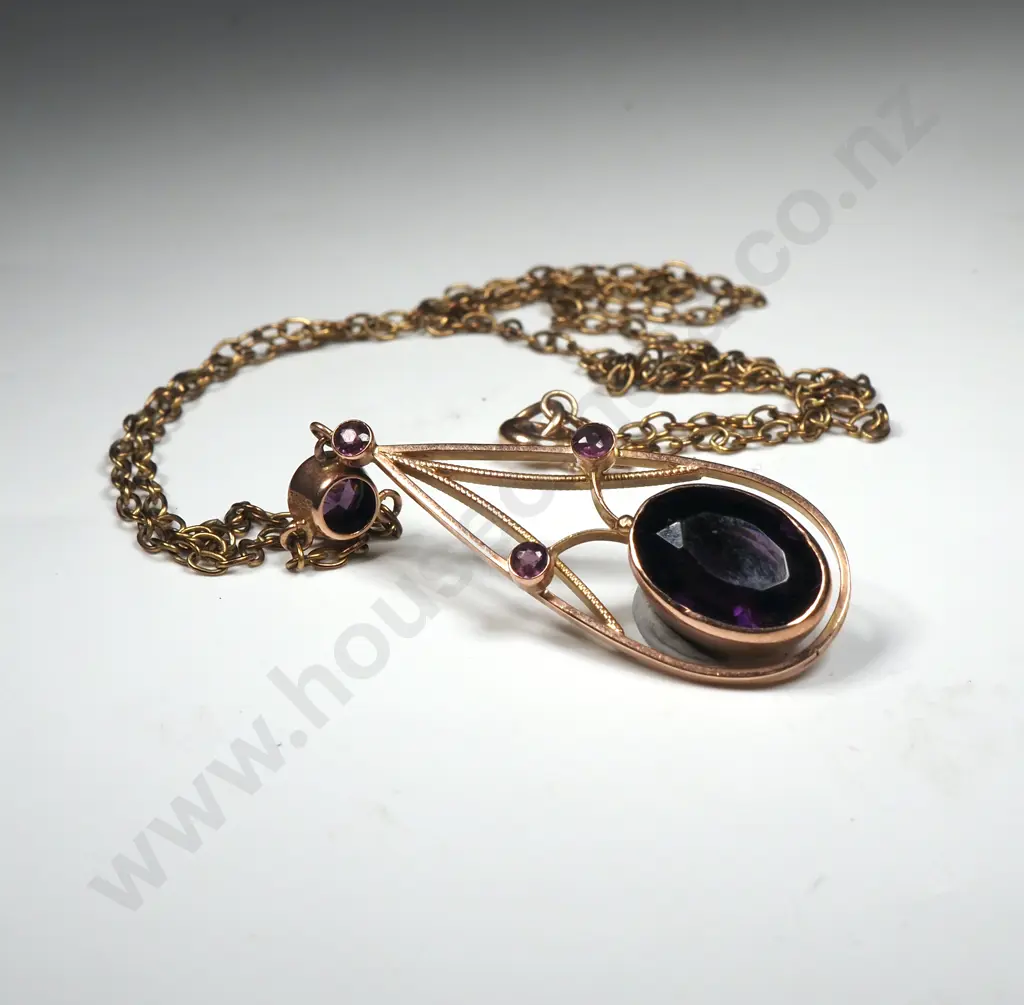 Antique Art Nouveau 9ct Gold Amethyst Set Necklace Image 1++