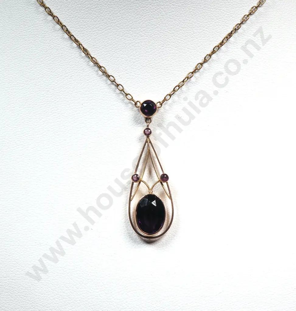 Antique Art Nouveau 9ct Gold Amethyst Set Necklace Image 1++