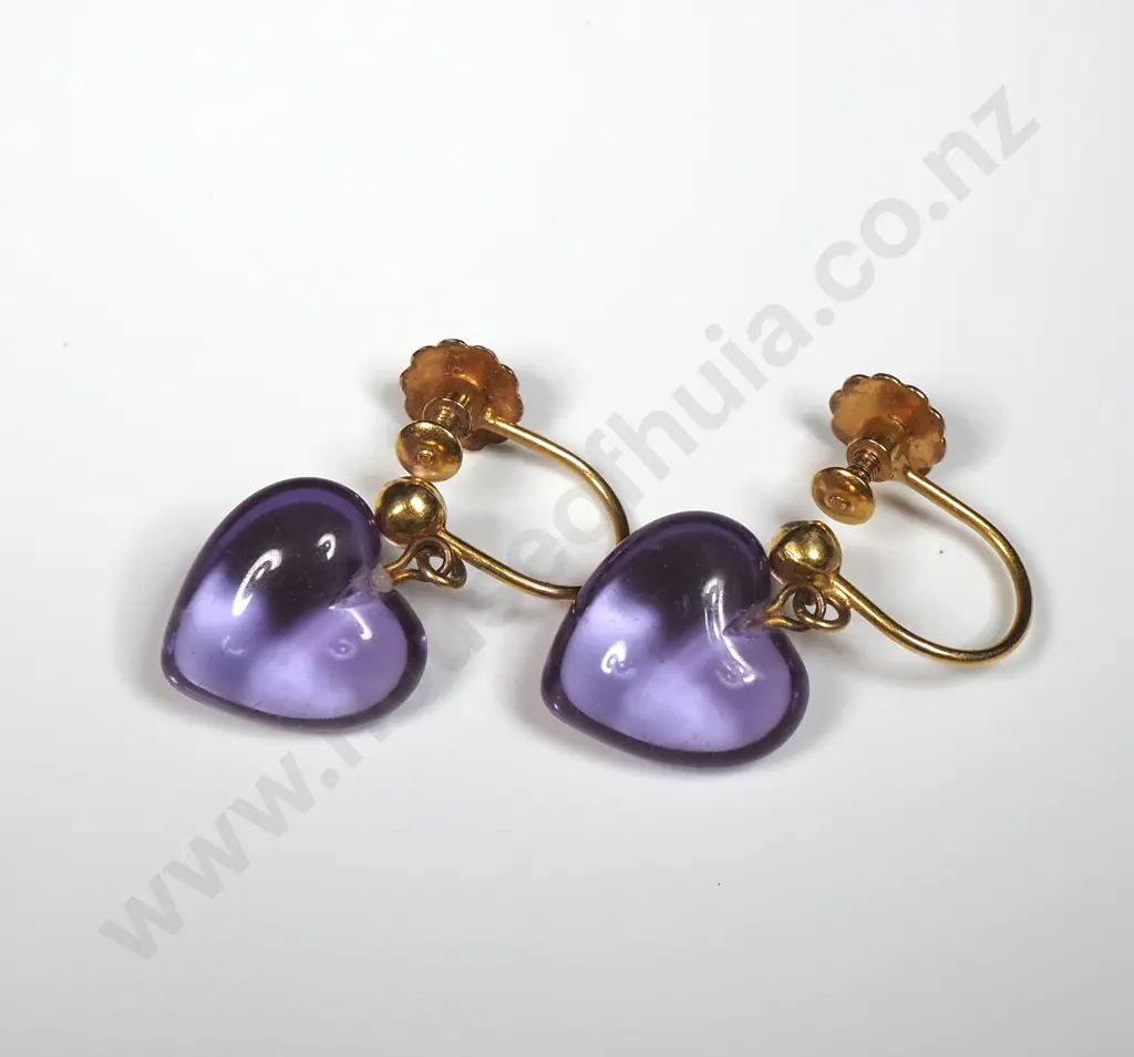 Antique 9ct Gold Heart Shaped Purple Stone Earrings Image 1++