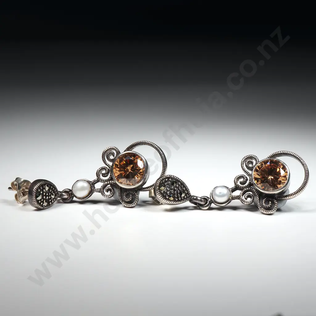 Sterling Silver Marcasite & Yellow Stone Earrings Image 1++