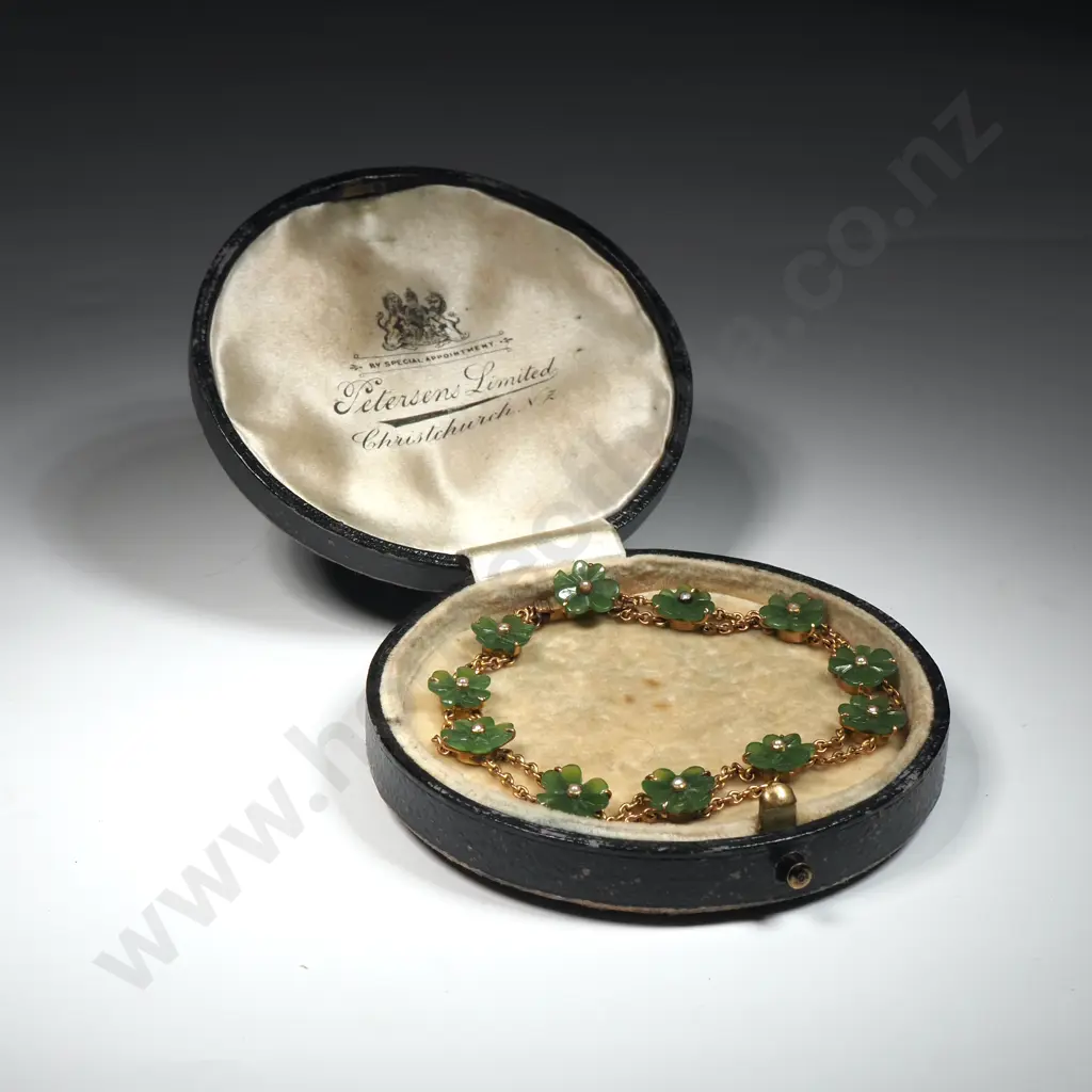 9ct Rose Gold & Greenstone Bracelet w 11 Lucky Shamrock & Seed Pearl Details in Petersens Limited Christchurch Box Image 1++