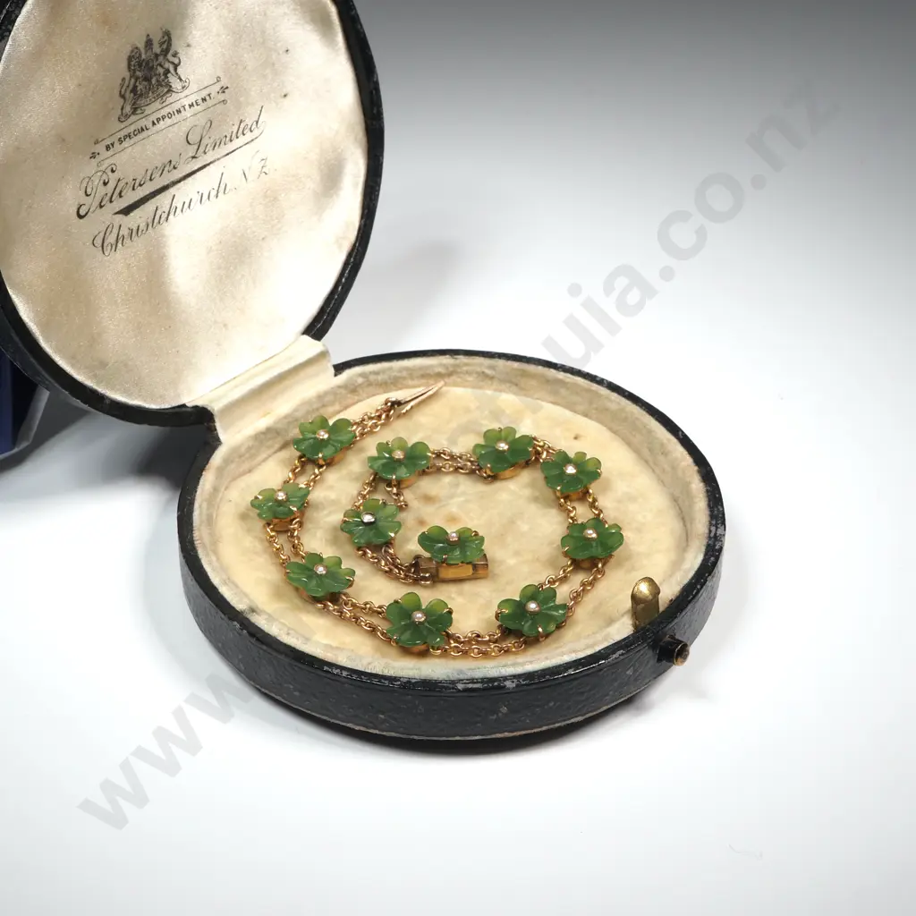 9ct Rose Gold & Greenstone Bracelet w 11 Lucky Shamrock & Seed Pearl Details in Petersens Limited Christchurch Box Image 1++
