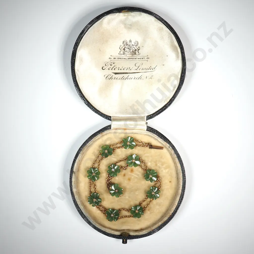 9ct Rose Gold & Greenstone Bracelet w 11 Lucky Shamrock & Seed Pearl Details in Petersens Limited Christchurch Box Image 1++