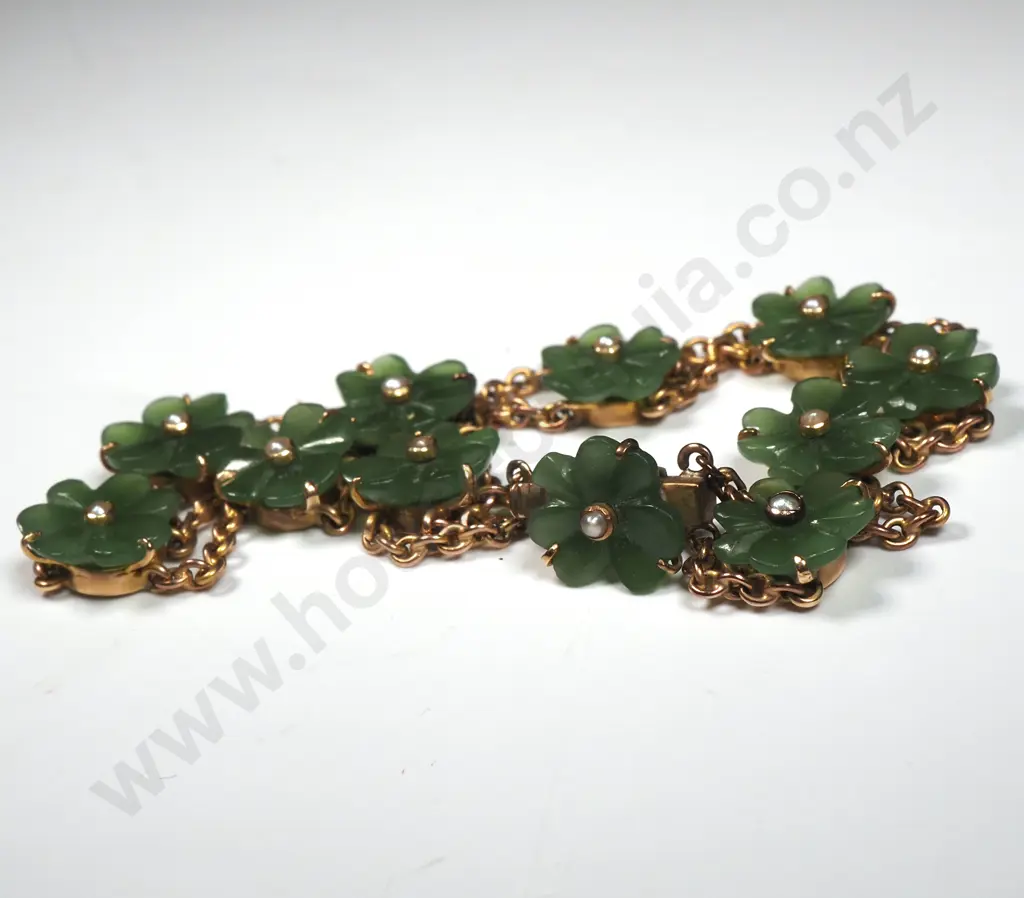 9ct Rose Gold & Greenstone Bracelet w 11 Lucky Shamrock & Seed Pearl Details in Petersens Limited Christchurch Box Image 1++