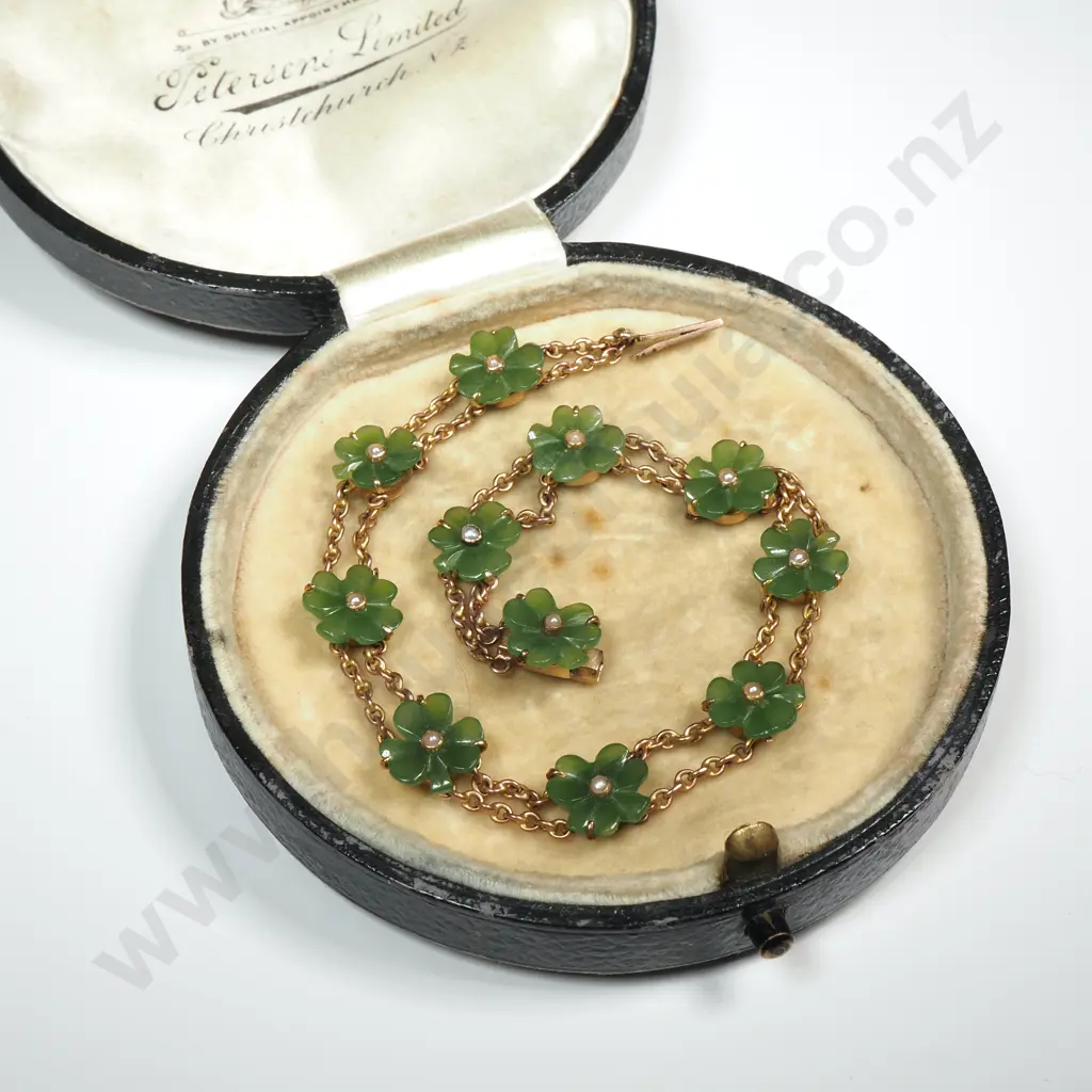 9ct Rose Gold & Greenstone Bracelet w 11 Lucky Shamrock & Seed Pearl Details in Petersens Limited Christchurch Box Image 1++