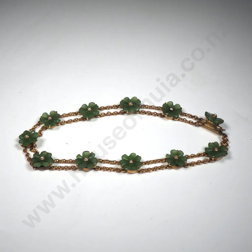 9ct Rose Gold & Greenstone Bracelet w 11 Lucky Shamrock & Seed Pearl Details in Petersens Limited Christchurch Box Image 1++
