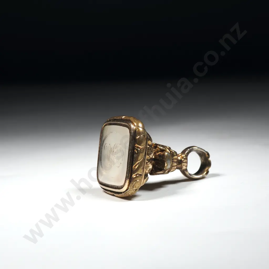 Antique Fob Seal in Rolled Gold w Carved White Chalcedony "MCJ" on Base Image 1++
