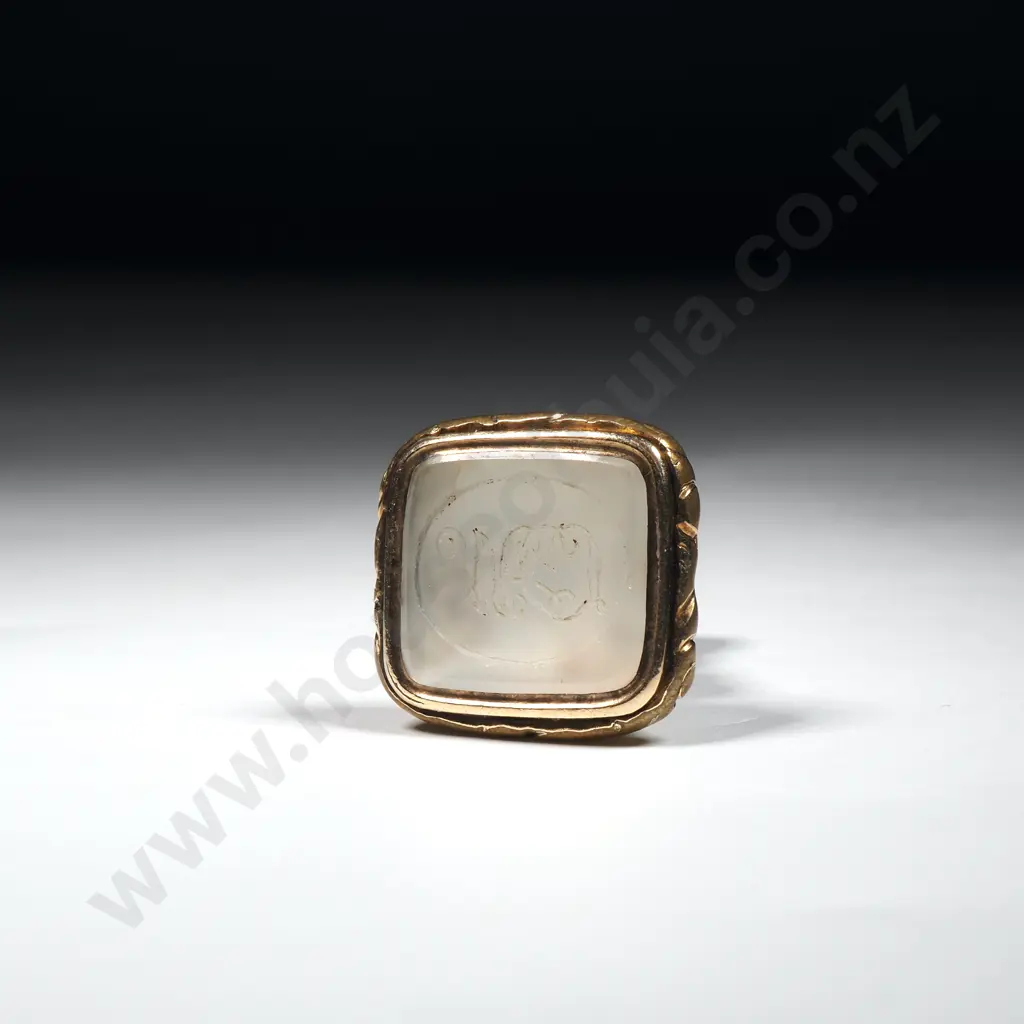 Antique Fob Seal in Rolled Gold w Carved White Chalcedony "MCJ" on Base Image 1++