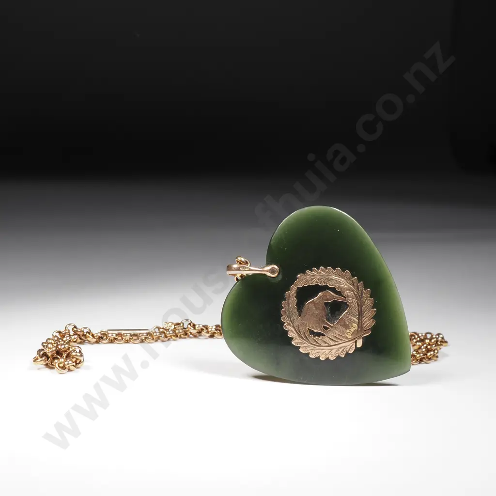Colonial Greenstone Heart Kiwi Pendant on 9ct Gold Chain Image 1++