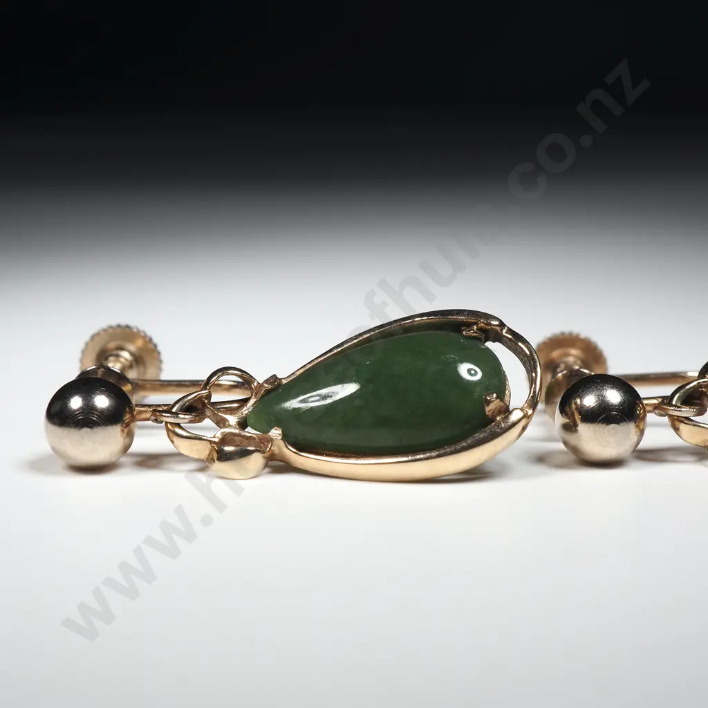 Vintage 9ct Gold Greenstone Drop Earrings Image 1++