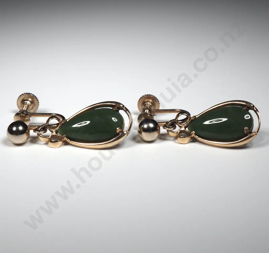 Vintage 9ct Gold Greenstone Drop Earrings Image 1++