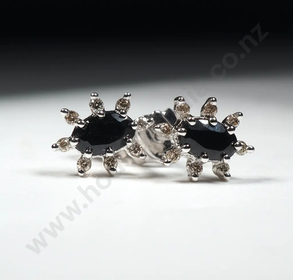 Cased 9ct White Gold Sapphire & Diamond Earrings Image 1++