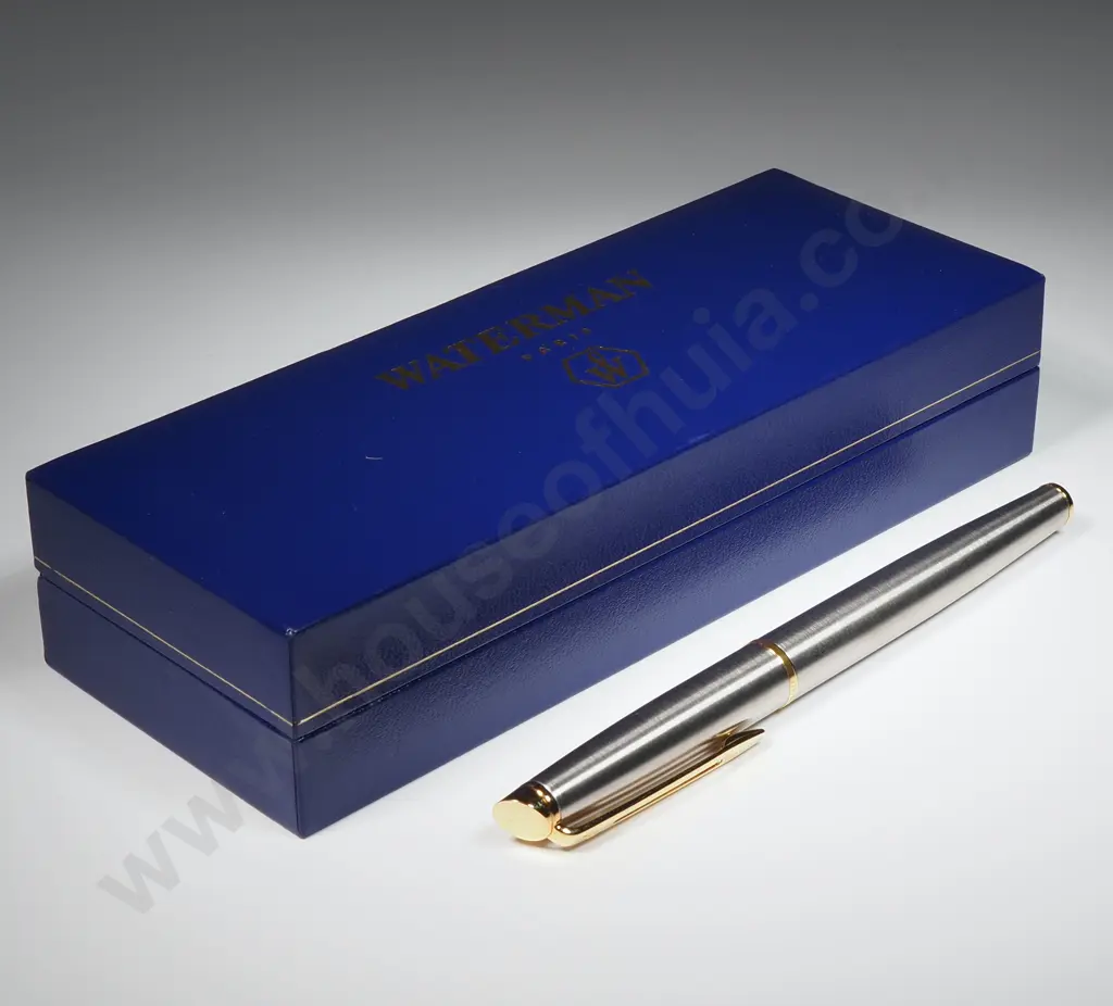 Cased Waterman Paris Brushed Stainless Steel & Gold Plate Fountain Pen Image 1++