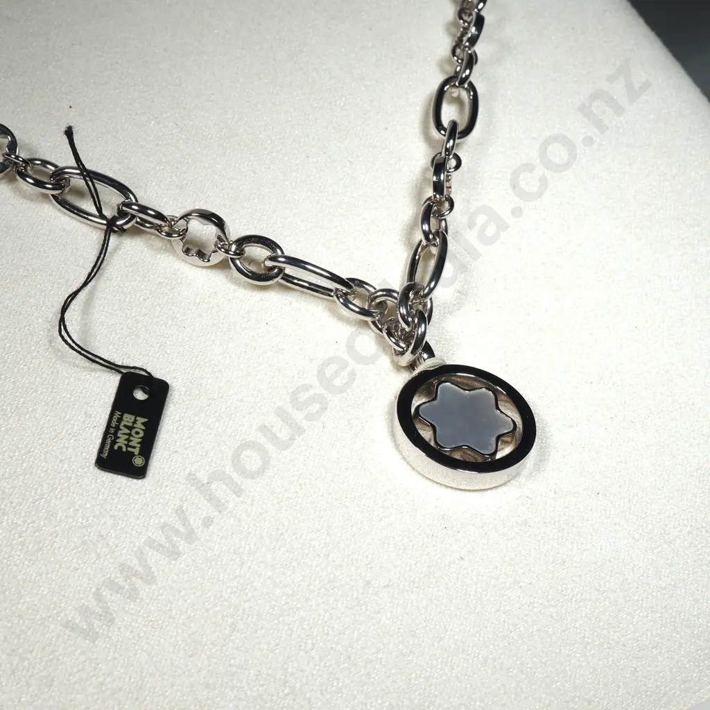 Cased Mont Blanc Sterling Silver Oval Star Chain Necklace w MOP Star Pendant 36644 w Booklet Image 1++