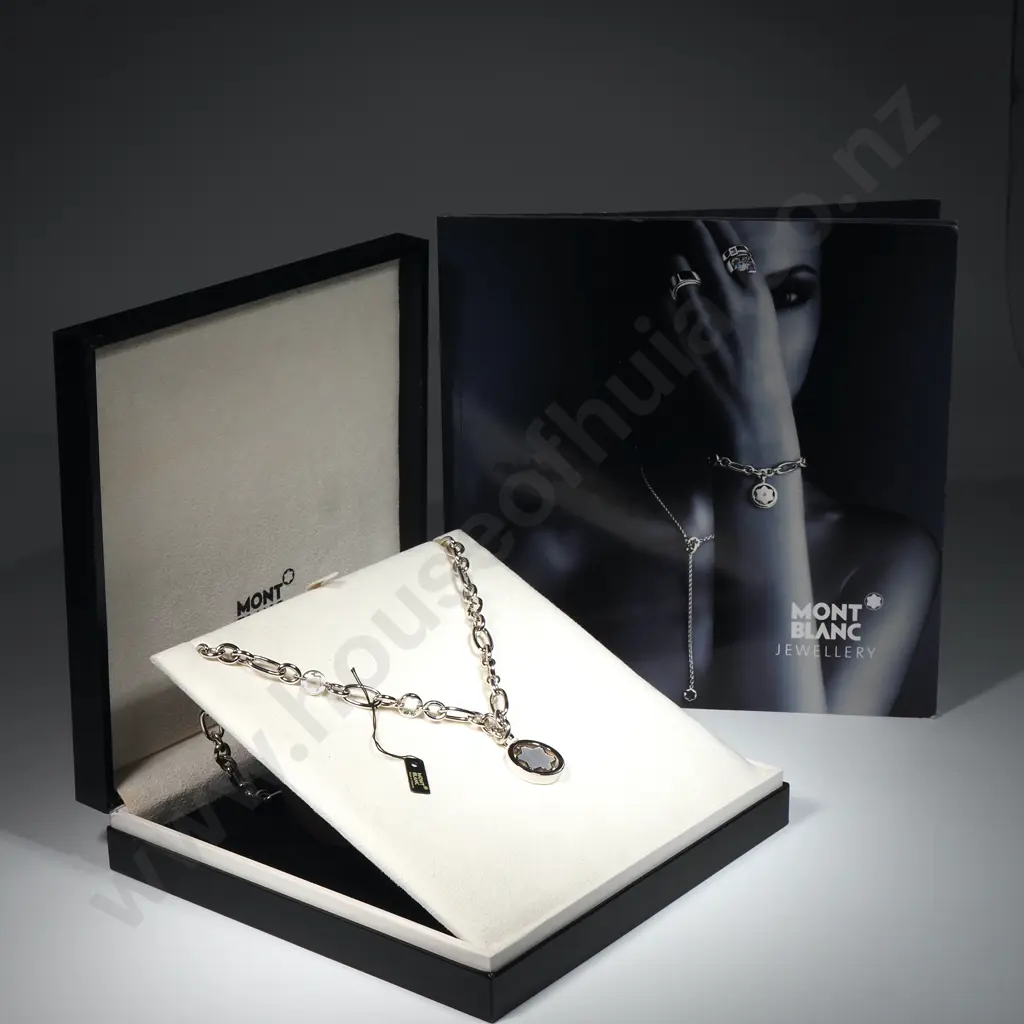 Cased Mont Blanc Sterling Silver Oval Star Chain Necklace w MOP Star Pendant 36644 w Booklet Image 1++