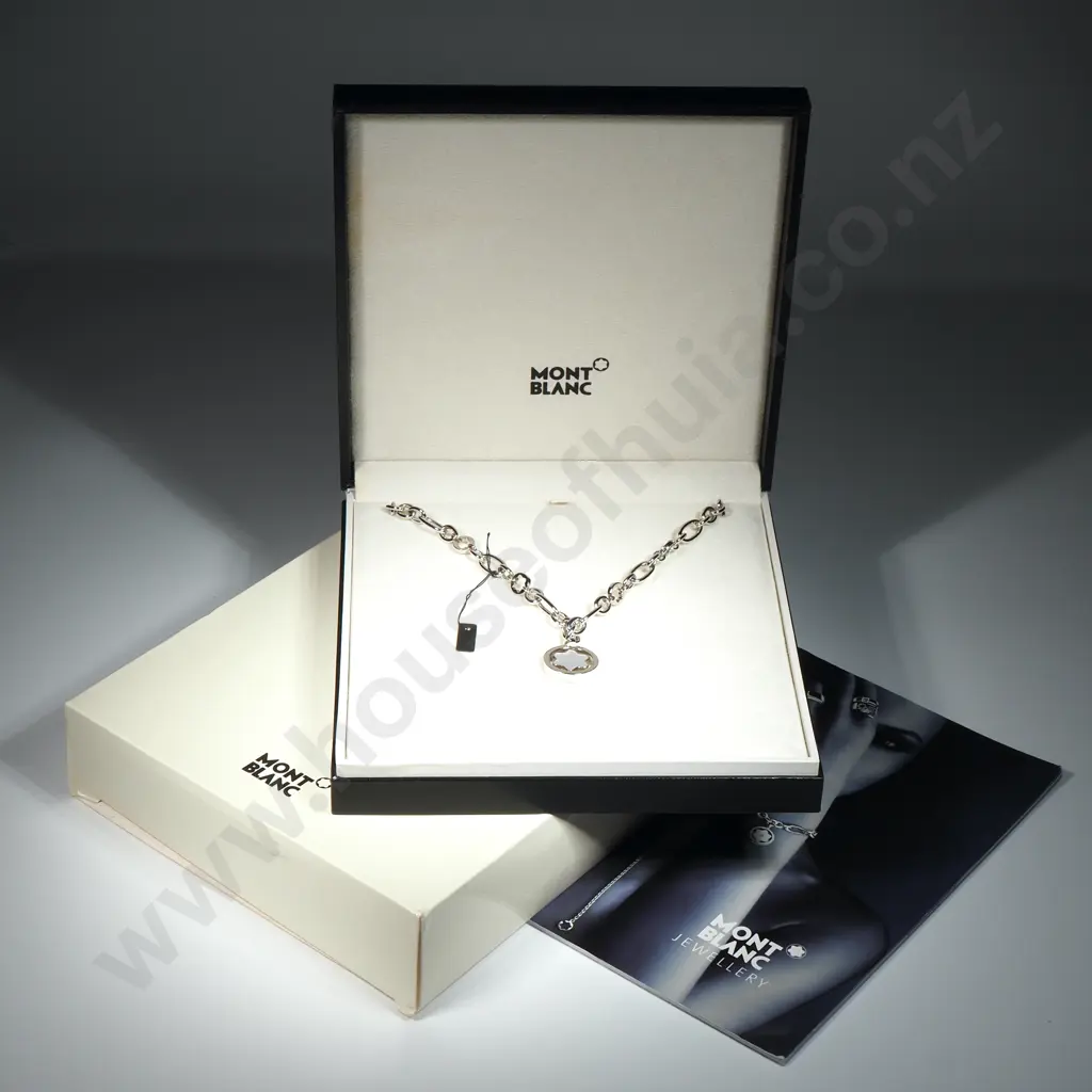 Cased Mont Blanc Sterling Silver Oval Star Chain Necklace w MOP Star Pendant 36644 w Booklet Image 1++