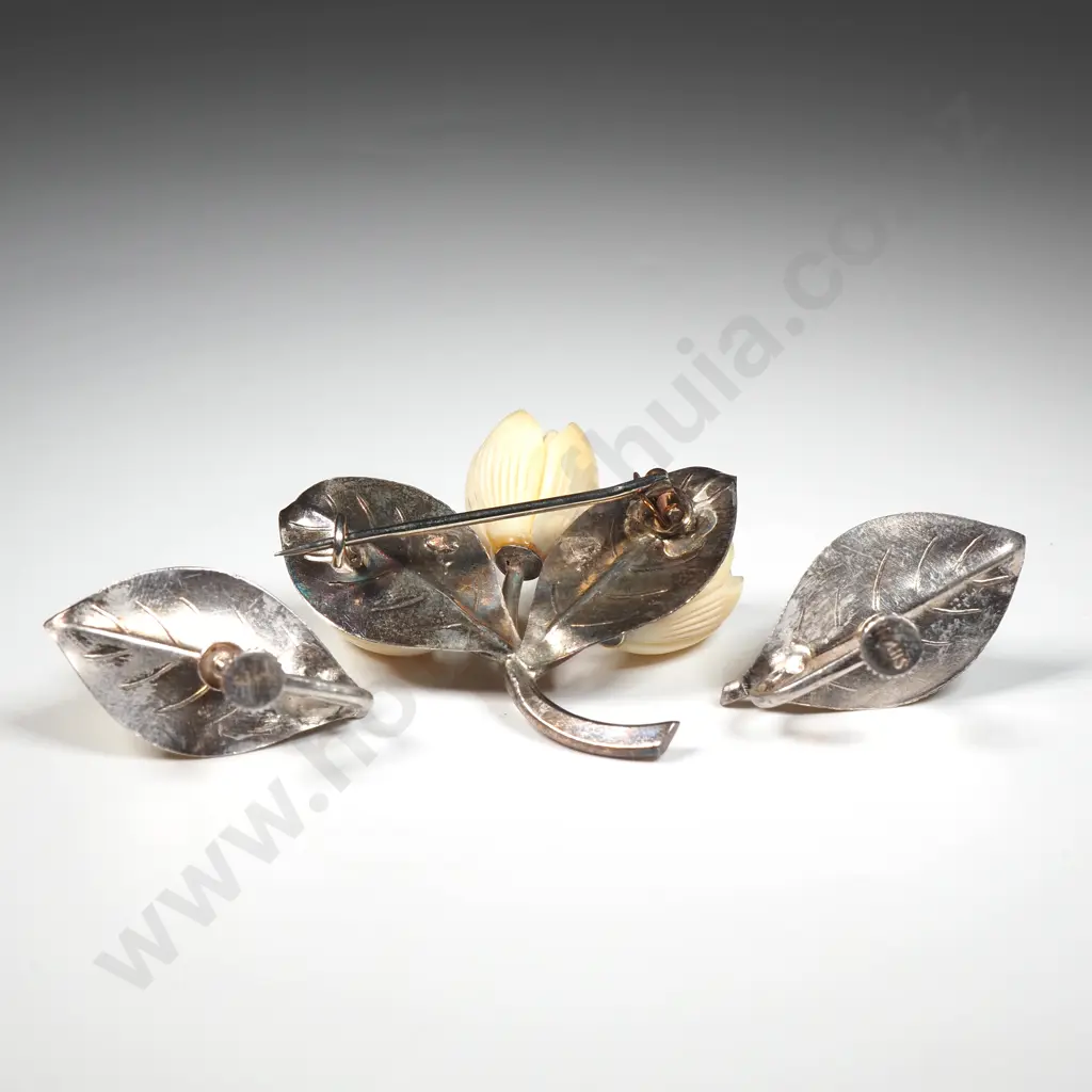 Sterling Silver & Ivory Earring Brooch Set Image 1++