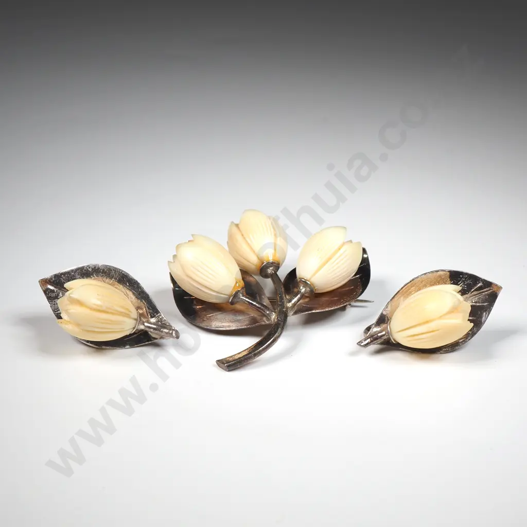 Sterling Silver & Ivory Earring Brooch Set Image 1++