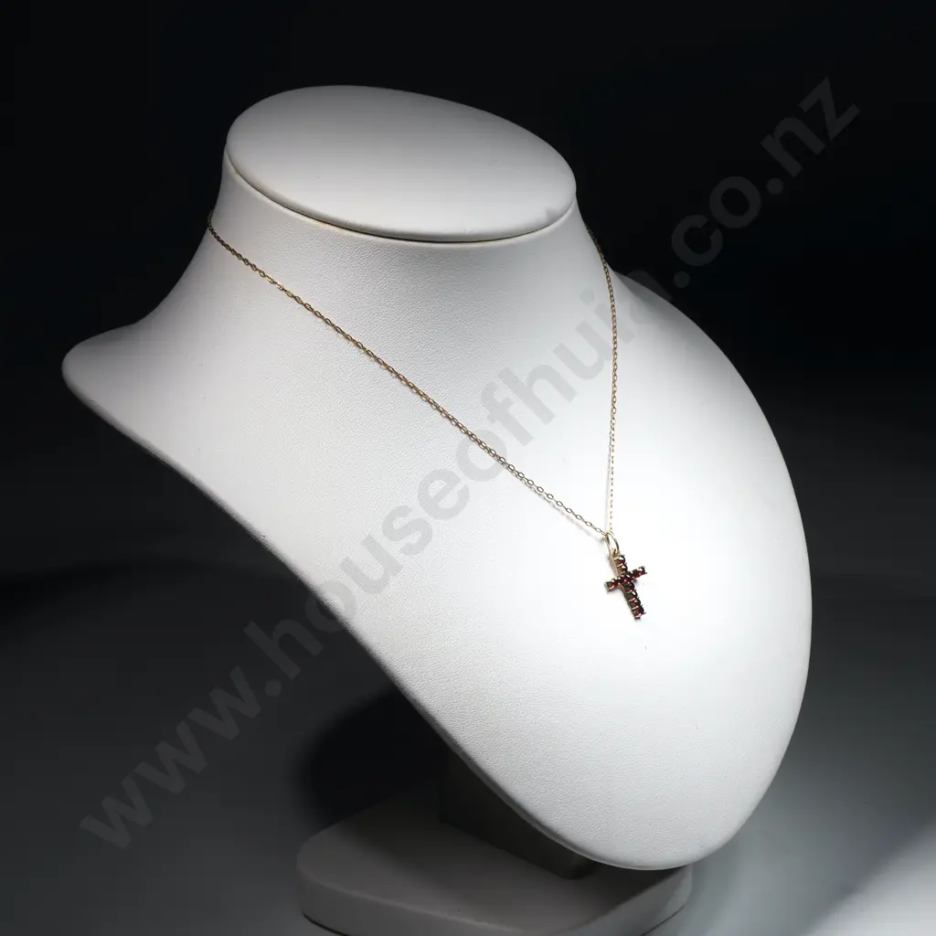 Vintage Gilt Garnet Set Cross & Chain Image 1++