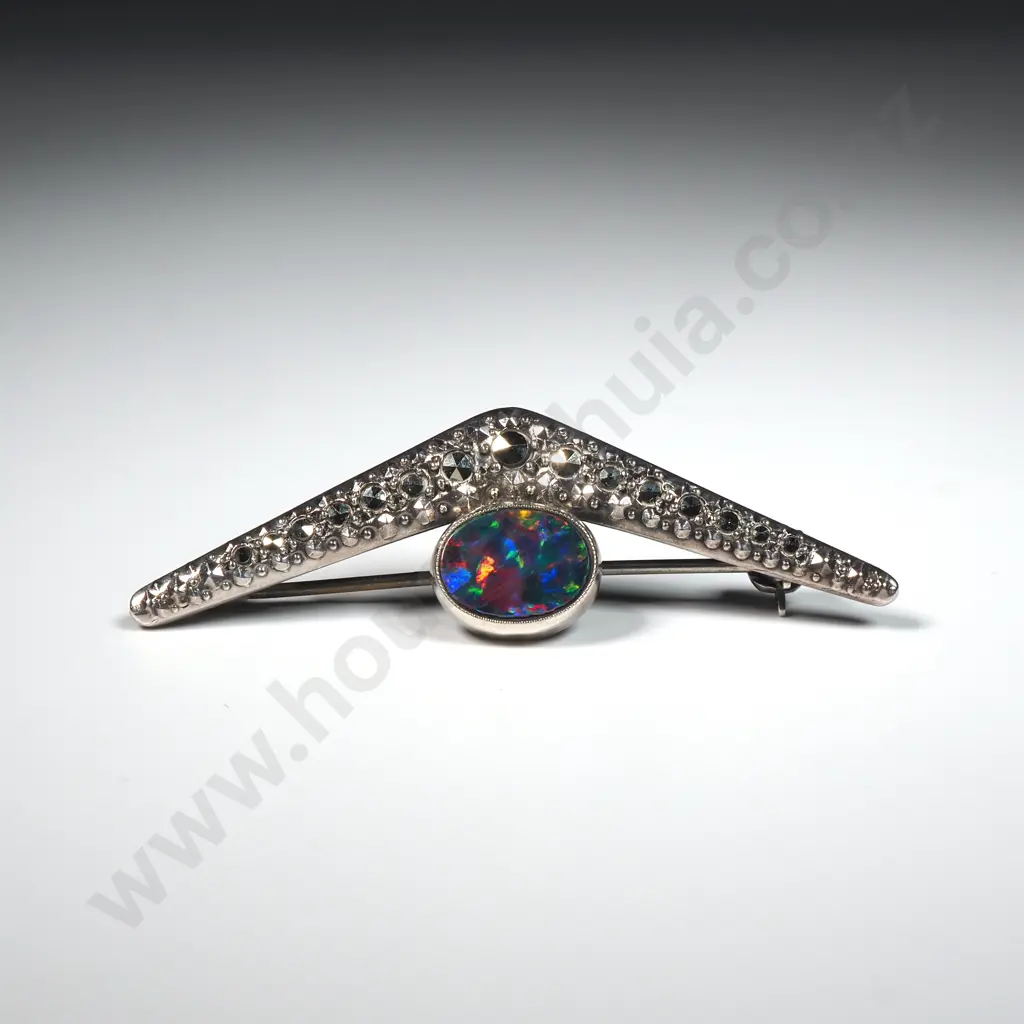 Sterling Silver Marcasite & Opal Doublet Brooch Image 1++