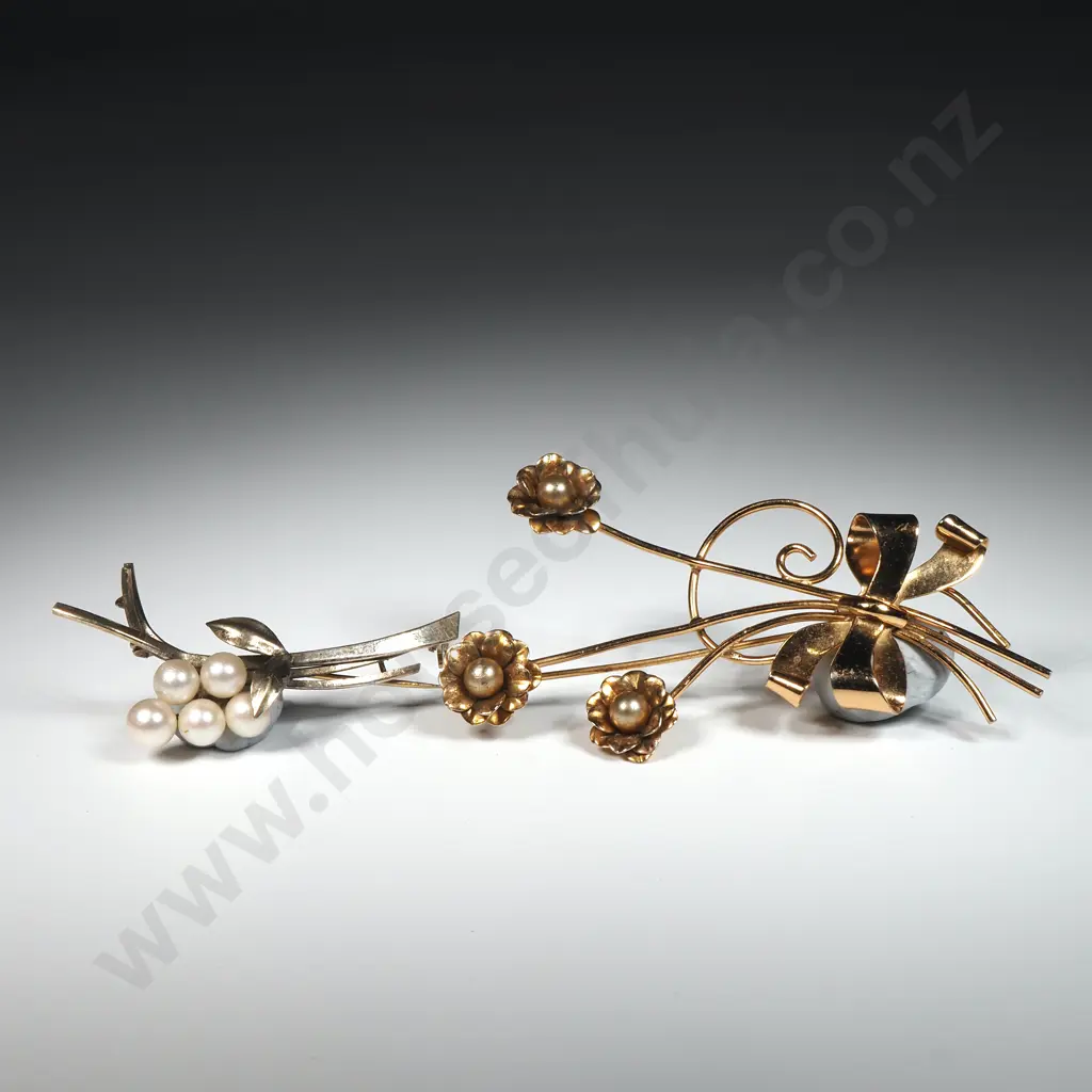 Two Sterling Silver & Pearl Brooches. One Gold Wash. Both Floral Form Image 1++