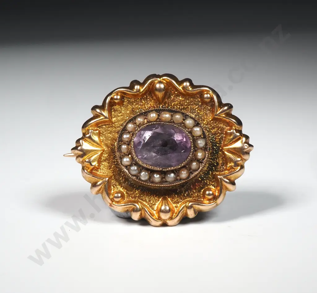 Antique 9ct Gold Seed Pearl & Amethyst Brooch Image 1++
