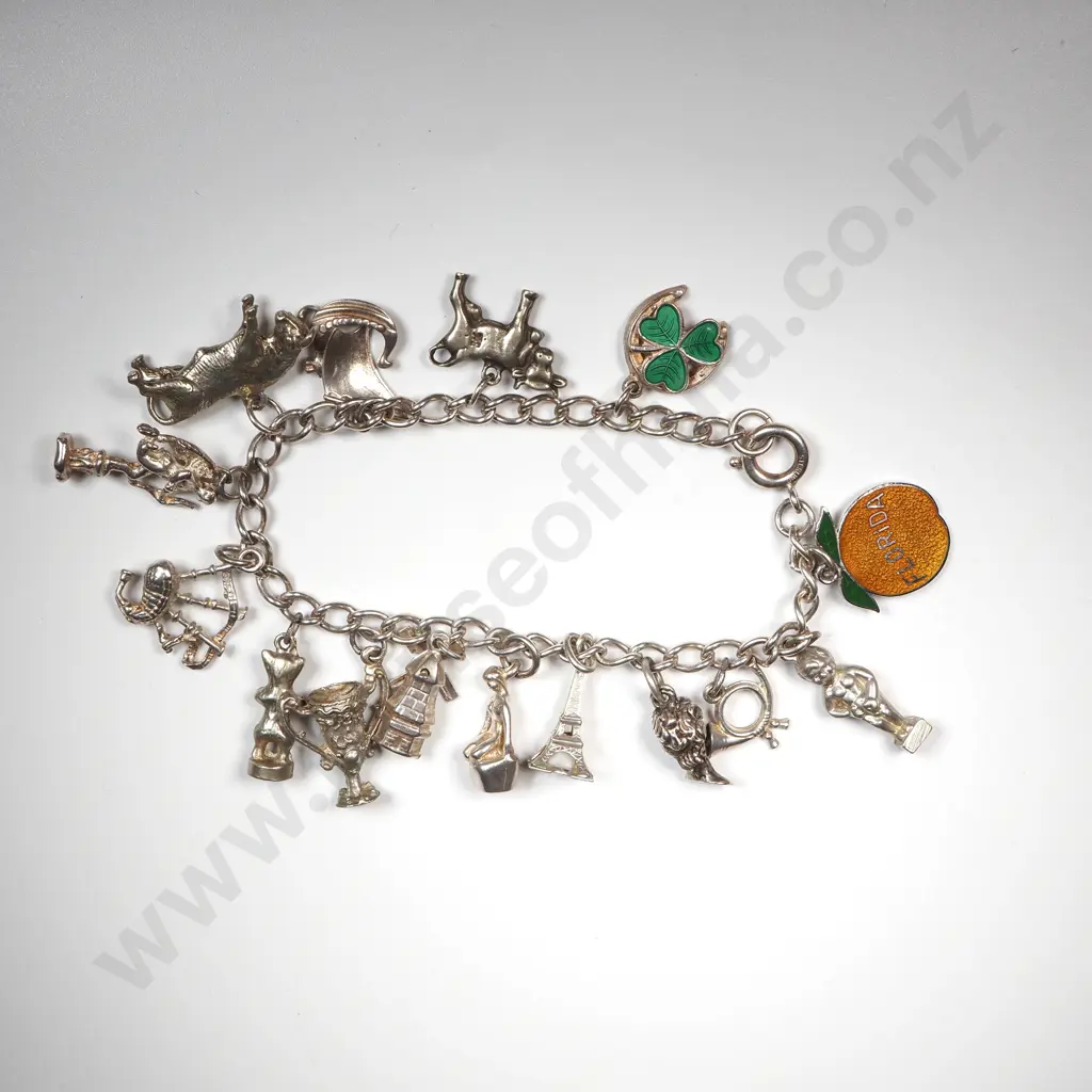 Sterling Silver Charm Bracelet w 15 Charms Image 1++