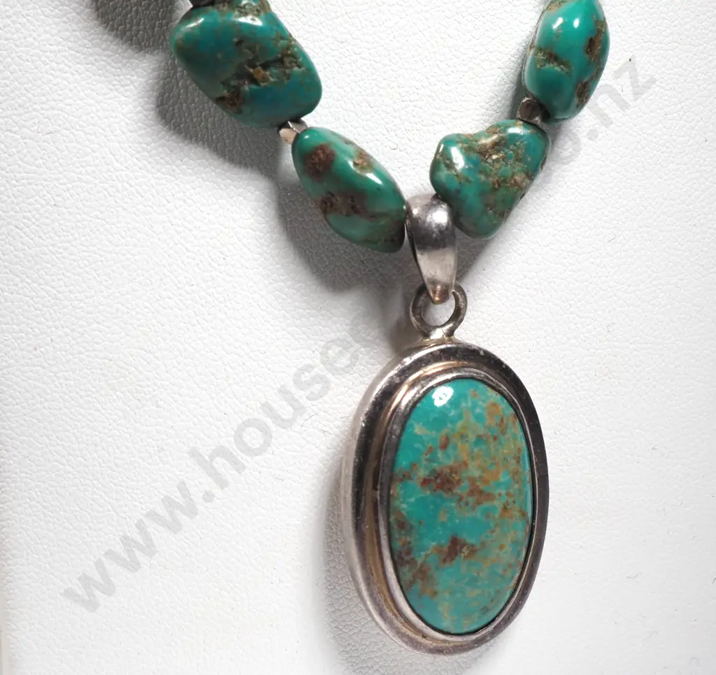 Sterling Silver & Turquoise Bead Necklace Image 1++