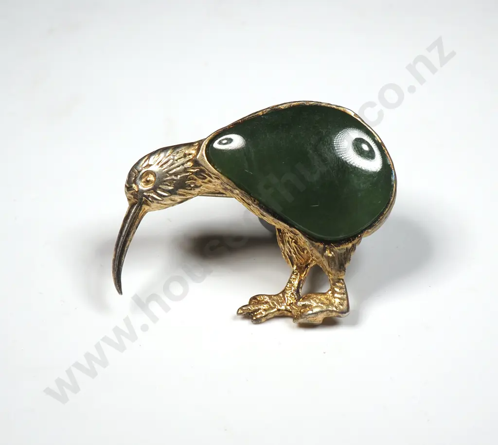 New Zealand Gilt Silver Kiwi Greenstone Brooch Image 1++