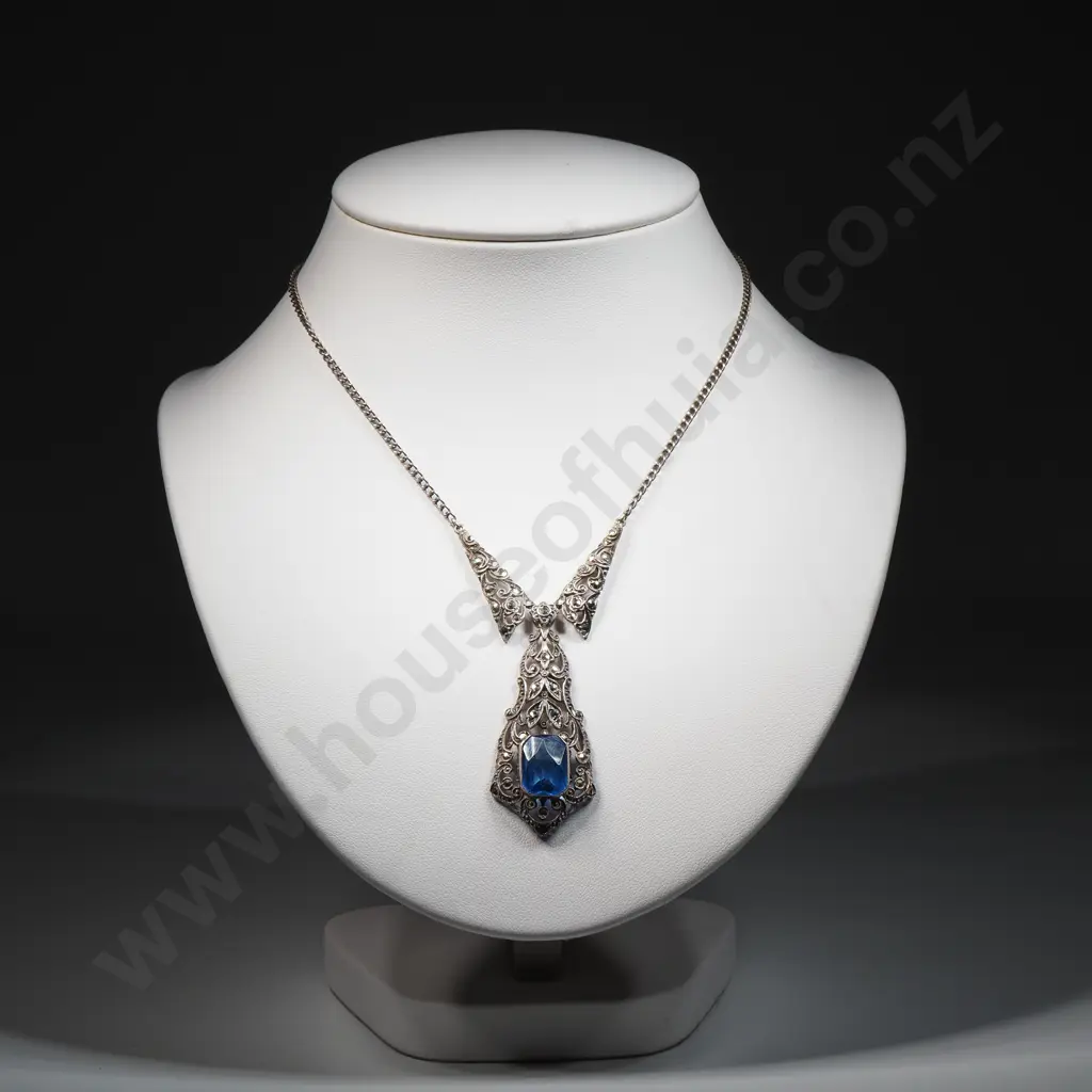 Decorative marcasite & Blue Stone Necklace Image 1++