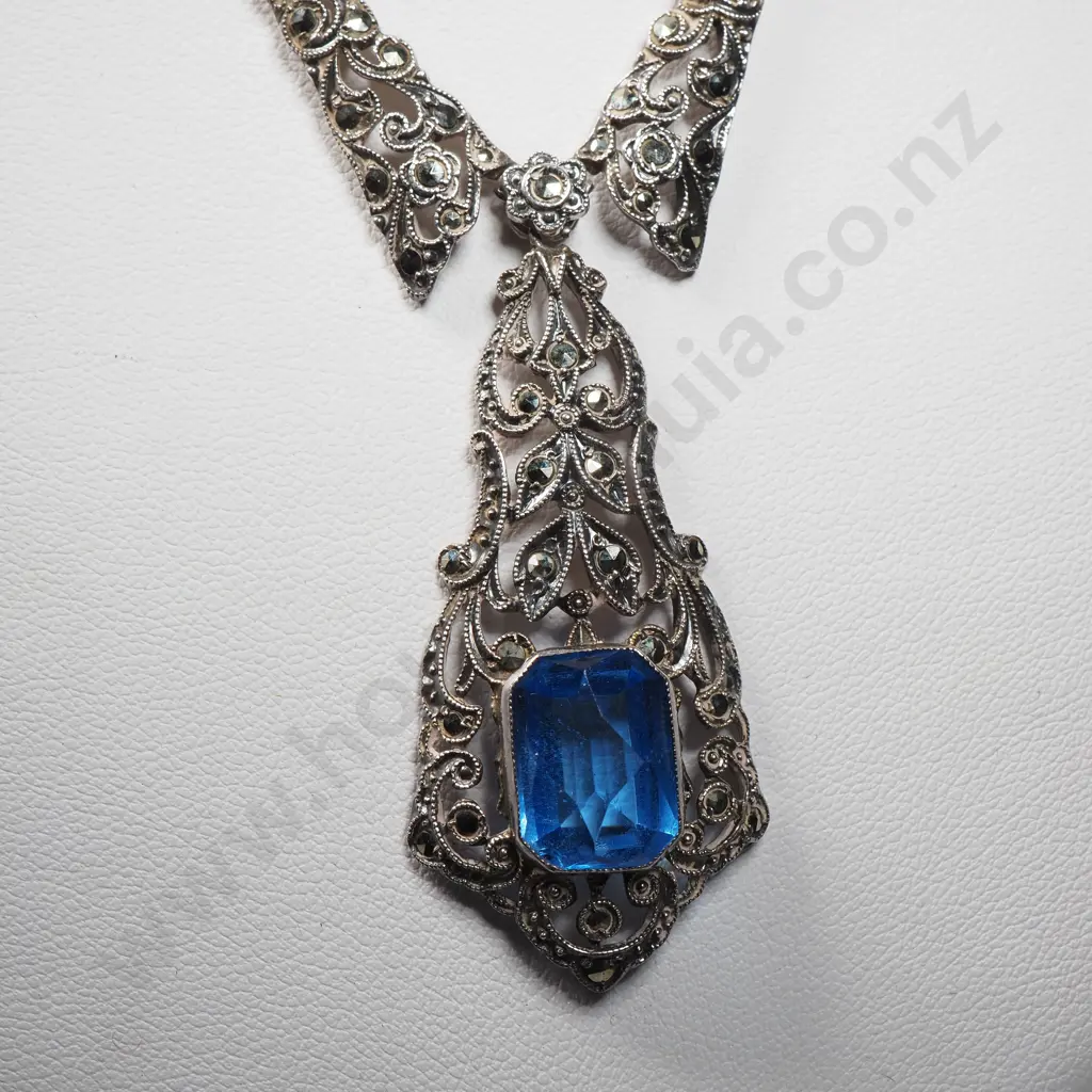 Decorative marcasite & Blue Stone Necklace Image 1++