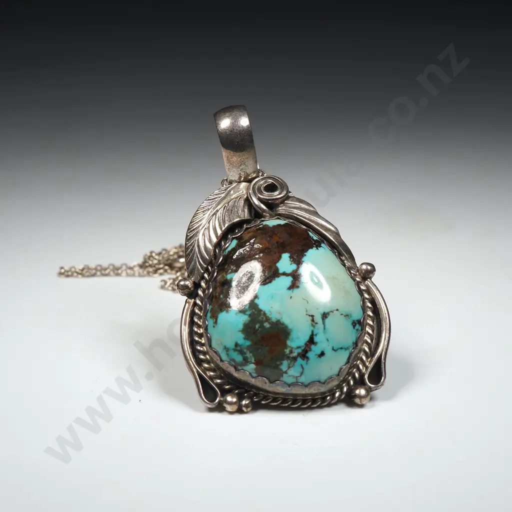 Vintage Native Indian Style Turquoise Pendant on Silver Chain Image 1++