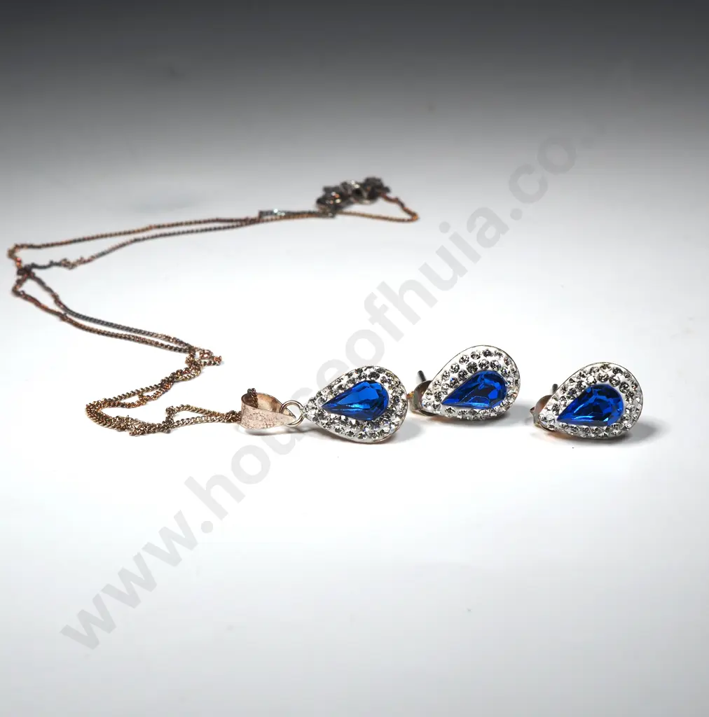 Modern Sterling Silver Blue Stone Pendant Earring Set Image 1++