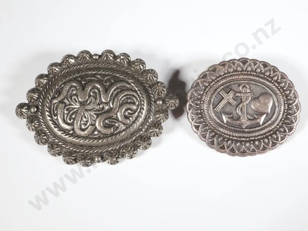 Two Oval White Metal Brooches With Anchor & Celtic Design  Image 1++