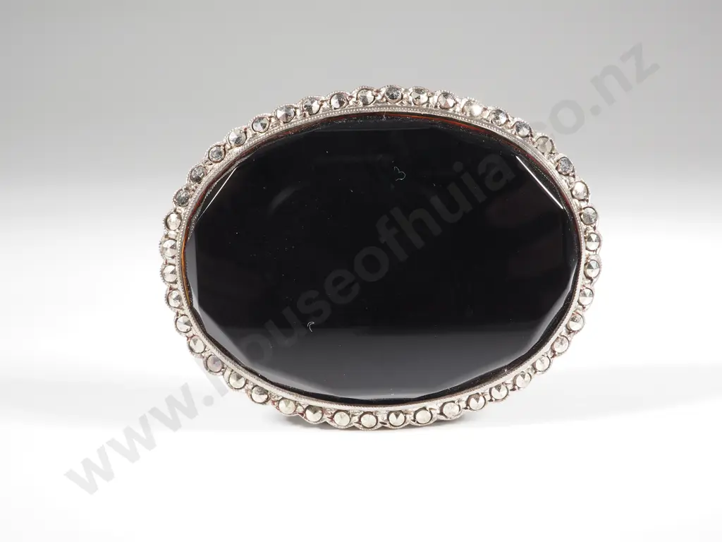 Oval Black Facetted Brooch With Marcasite Rim  Image 1++