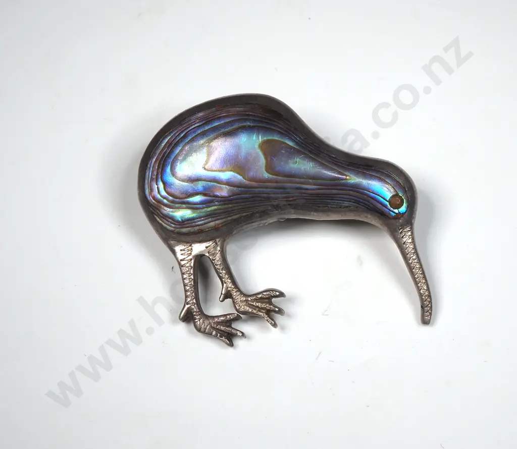 Vintage New Zealand Sterling Silver & Paua Kiwi Brooch Image 1++