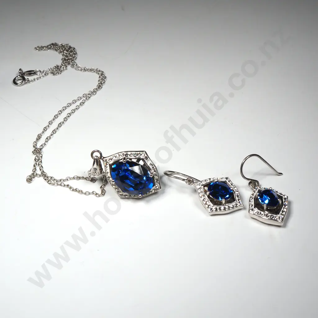 Modern Sterling Silver Blue Stone Pendant Earring & Ring Set Image 1++