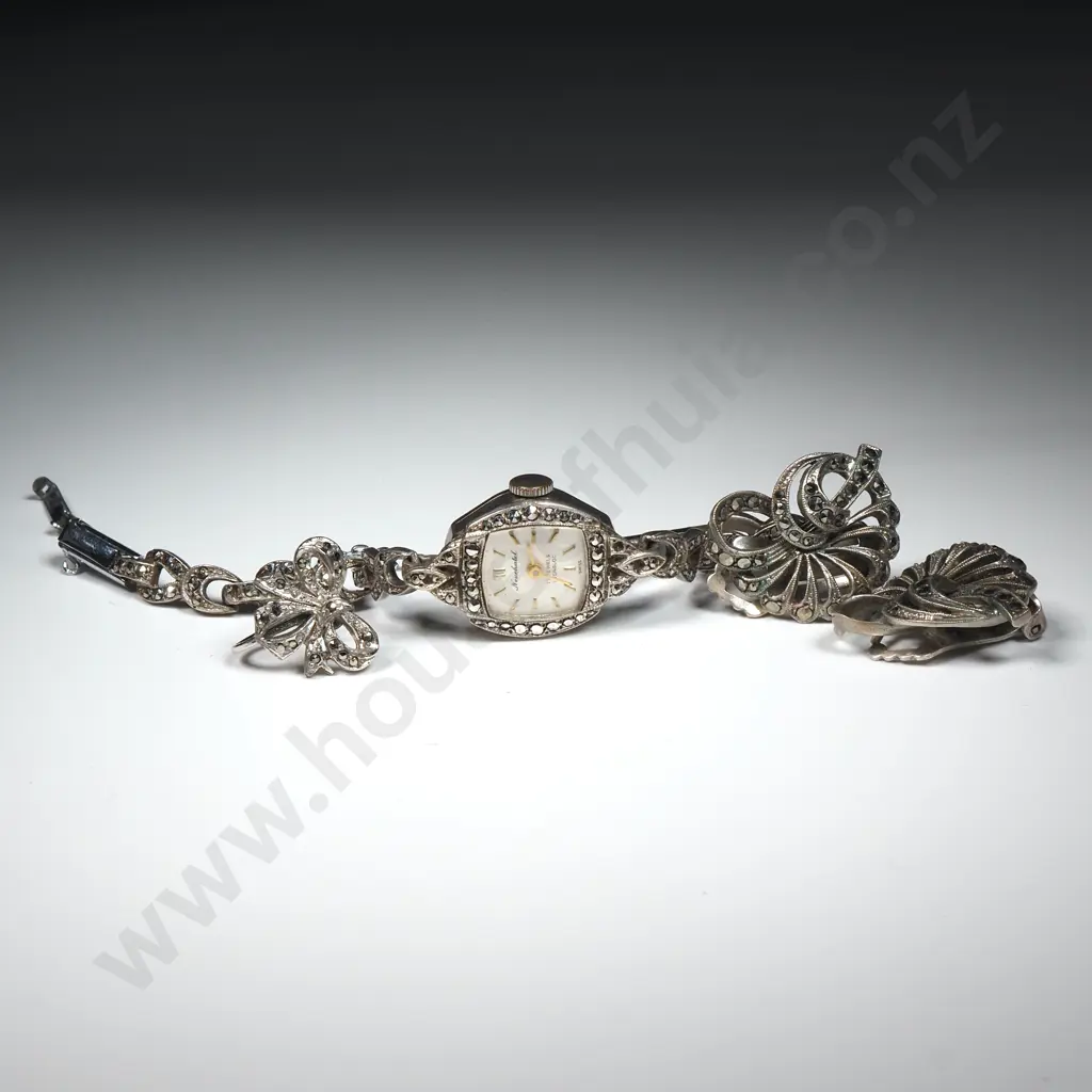 Sterling Silver Marcasite Watch, A Pair of Earrings &  a Single Marcasite Earrings Image 1++