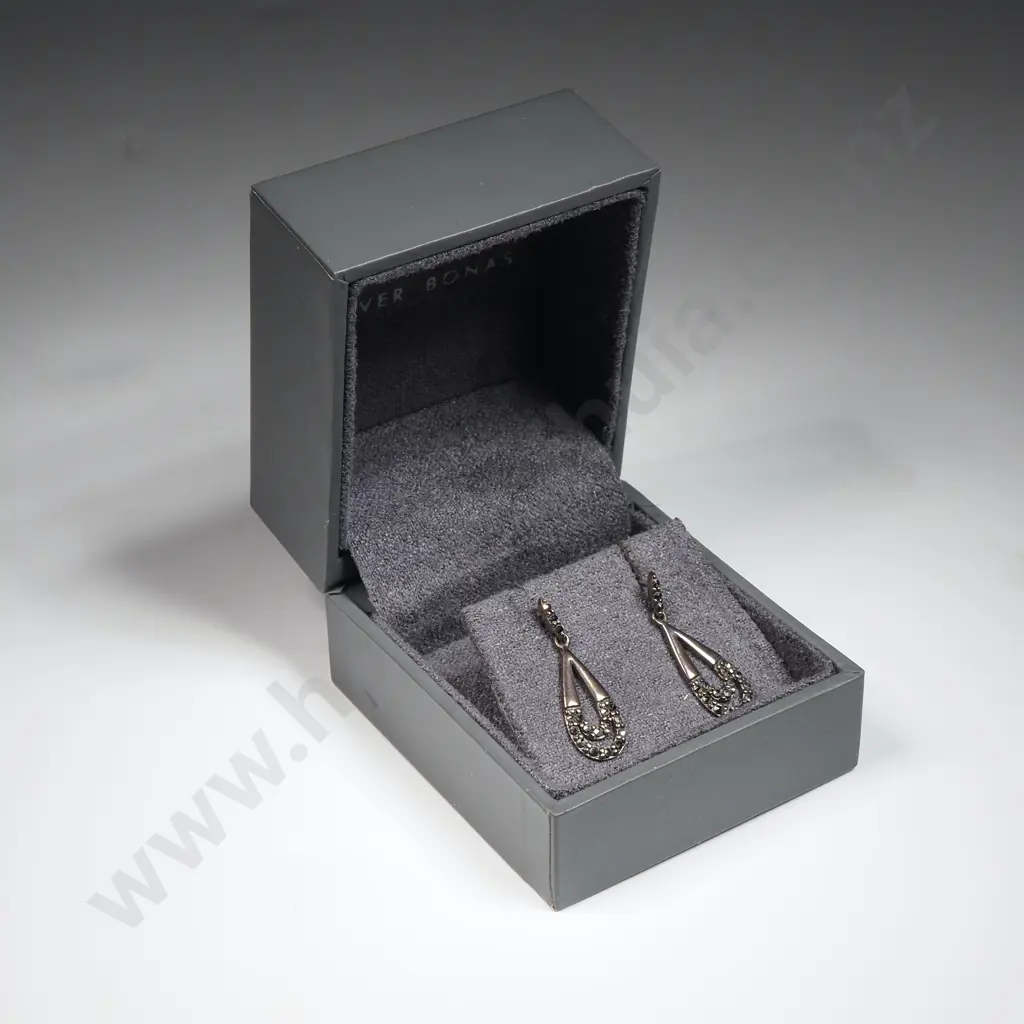 Cased Oliver Bonas Sterling Silver & Marcasite Earrings Image 1++