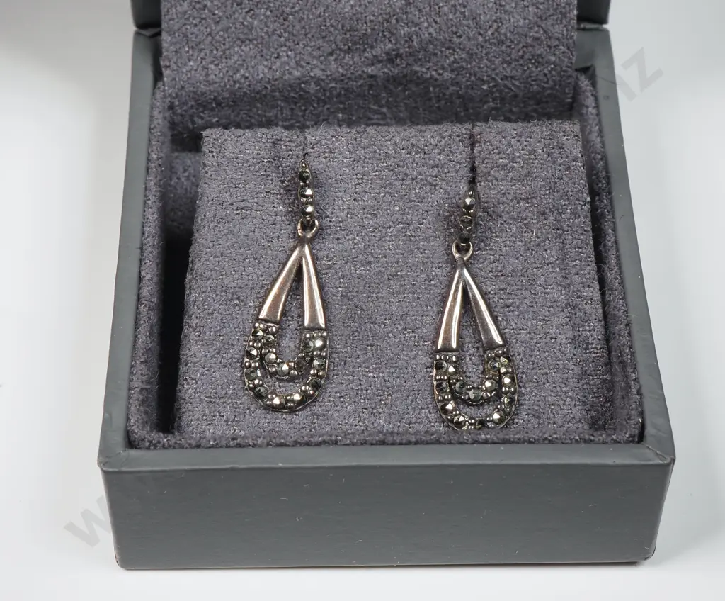 Cased Oliver Bonas Sterling Silver & Marcasite Earrings Image 1++