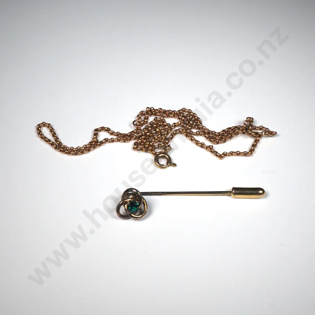 9ct Fine Gold Chain & a Gold Tone Stick Pin Inset w A Green Stone  Image 1++