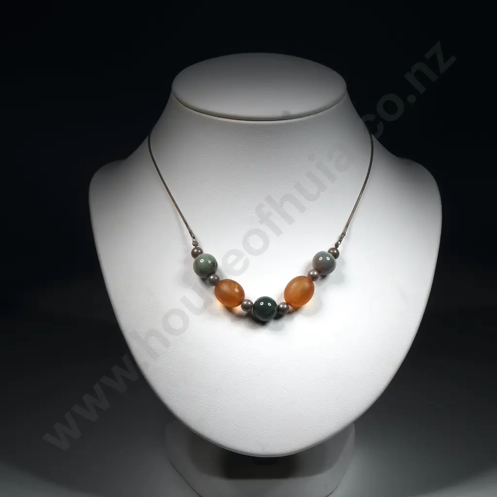 Vintage Stone/Amber/Metal Beads Sterling Silver Necklace. Image 1++