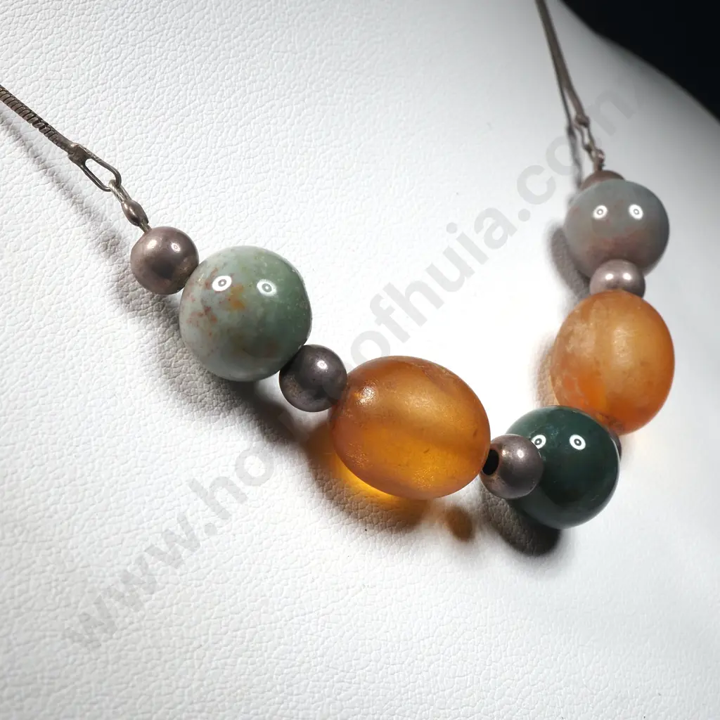 Vintage Stone/Amber/Metal Beads Sterling Silver Necklace. Image 1++
