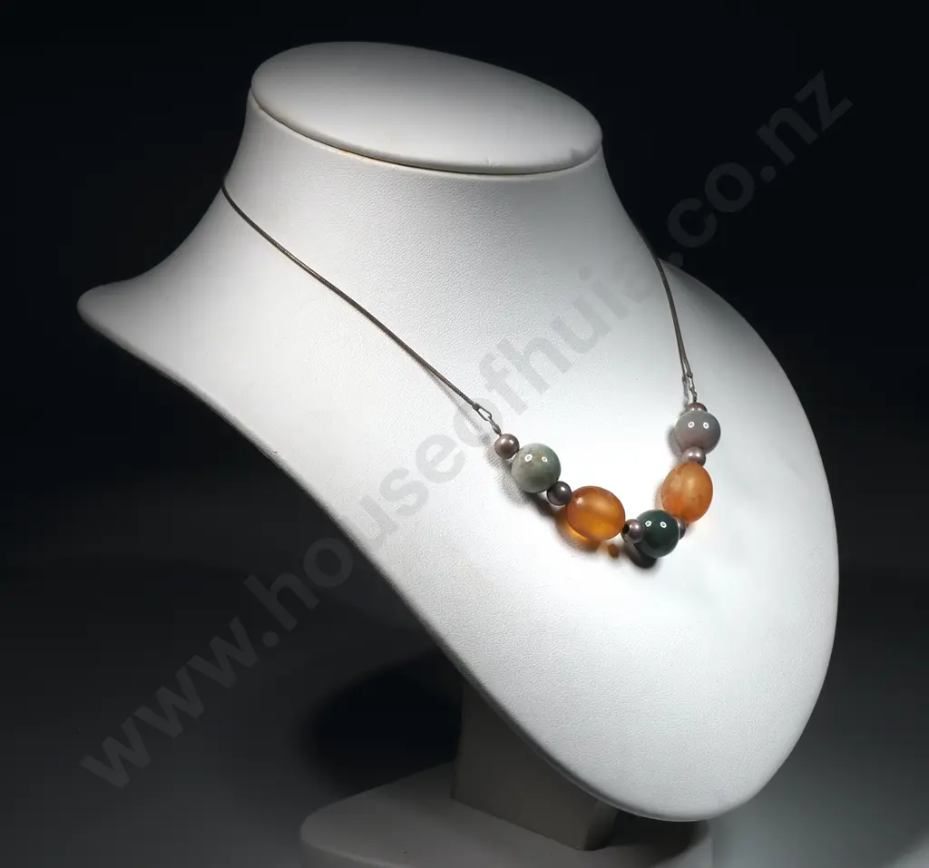 Vintage Stone/Amber/Metal Beads Sterling Silver Necklace. Image 1++
